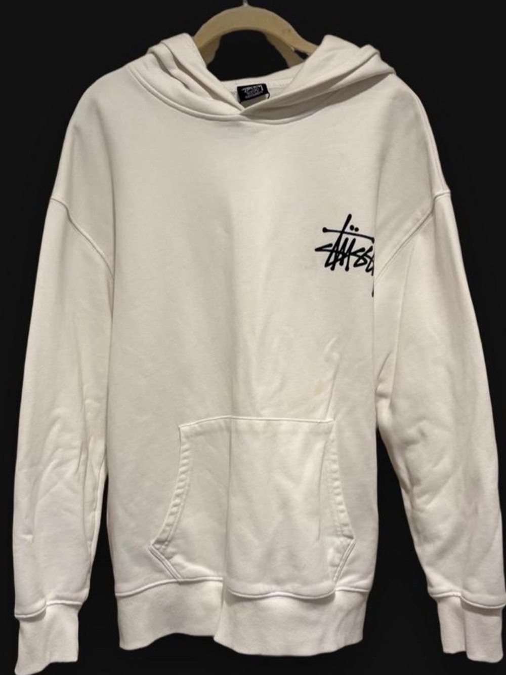 Stussy Men's Cream Crewneck Hoodie with Black Logo